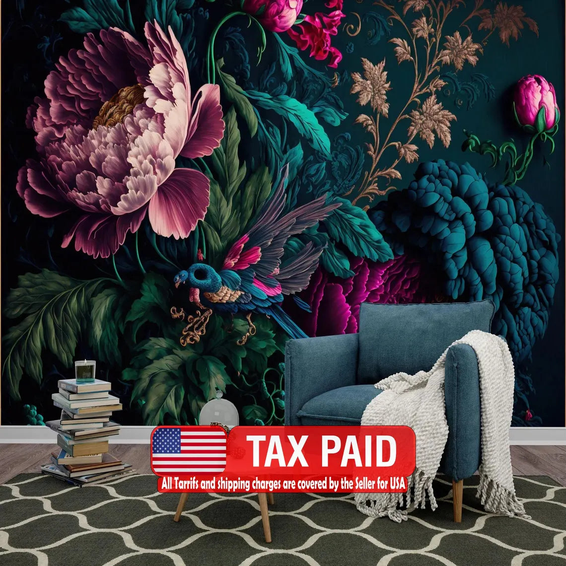 Baroque style wall mural featuring rich deep colored peonies in luxurious floral arrangement