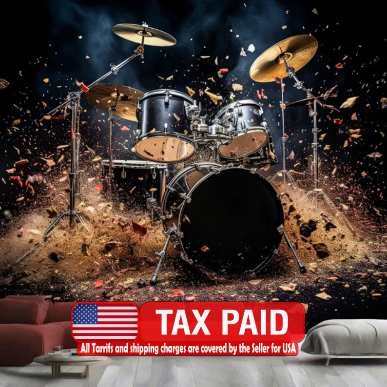 Wallpaper, Drum Set 3D Illustration Wall Decal, Music Room