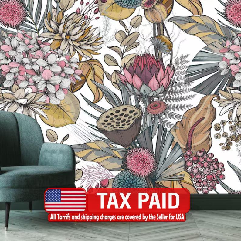 Dried Flowers Wallpaper Mural, Floral Art Print Decor