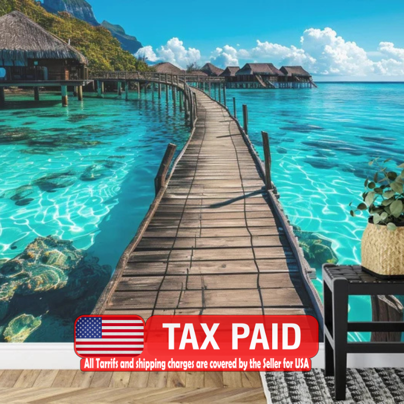 Tropical Bungalows Pier Wallpaper Mural Decal