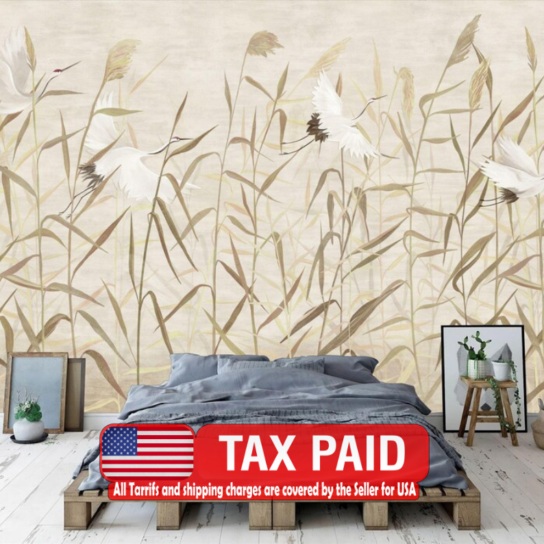 Reeds and Storks Wallpaper Mural, Hand-Drawn Art Print