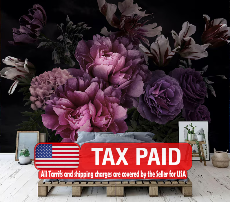 Baroque Peonies Wallpaper Mural, Rich Deep Colors