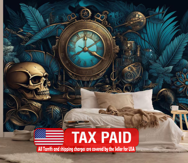 Steampunk Peony Skull Wall Mural