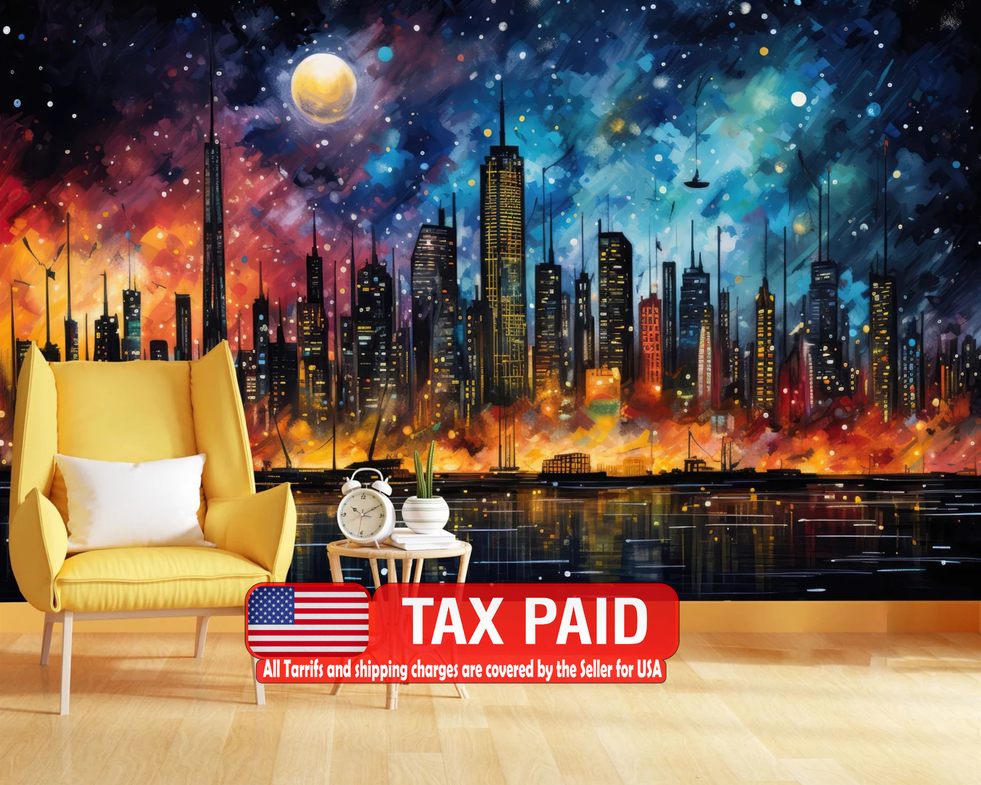 City Skyline Mural, Night Lights Art Print