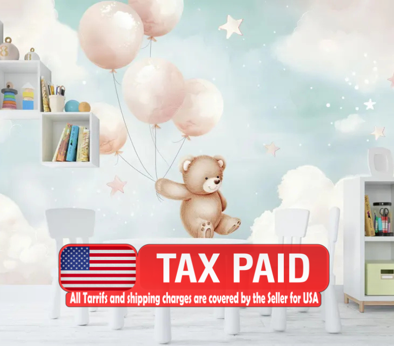 Pastel Bear Balloons Nursery Wallpaper Mural