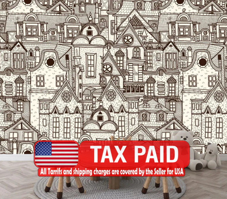 Outlined Village Wallpaper Mural, Kids Nursery Decor