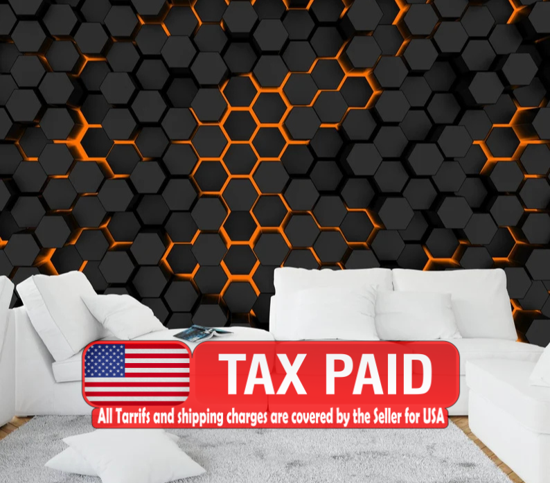 Hexagon Wall Mural | Dark Geometric, Orange Lights