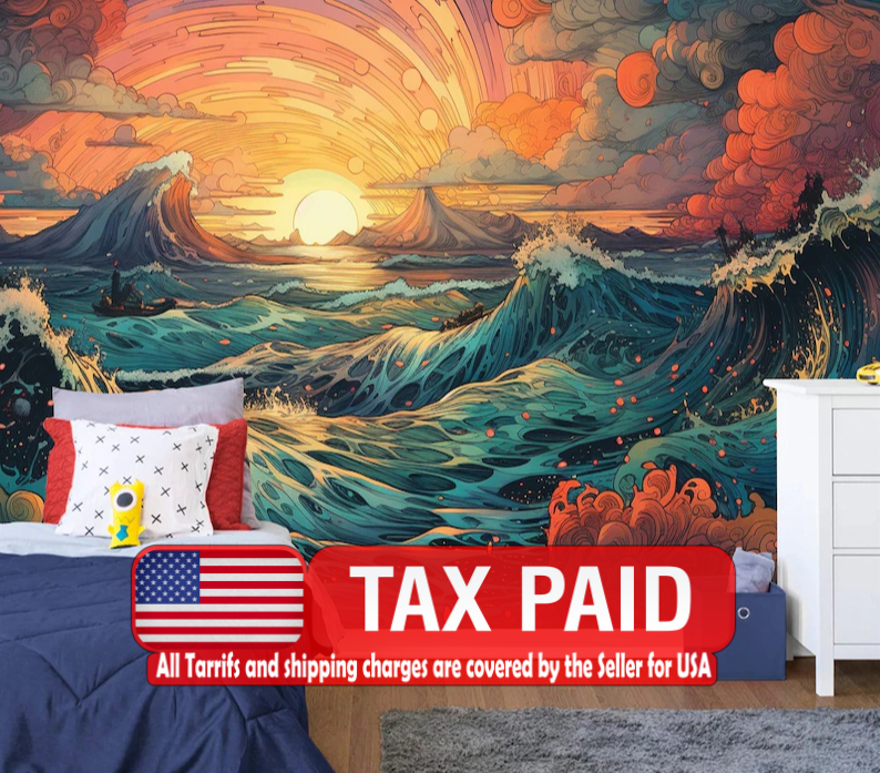 Psychedelic Manga Ocean Sunset Wall Mural Art Print