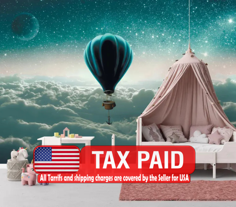 Watercolor Hot Air Balloon Wallpaper Mural, Clouds Nursery Decor