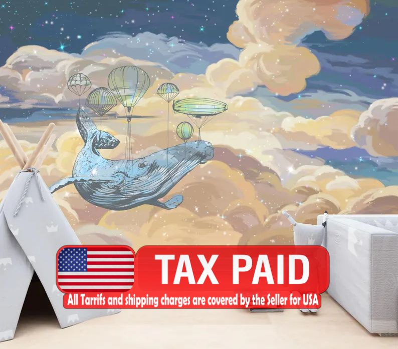 Starry Sky Whale Mural, Kids Nursery Wallpaper Gift