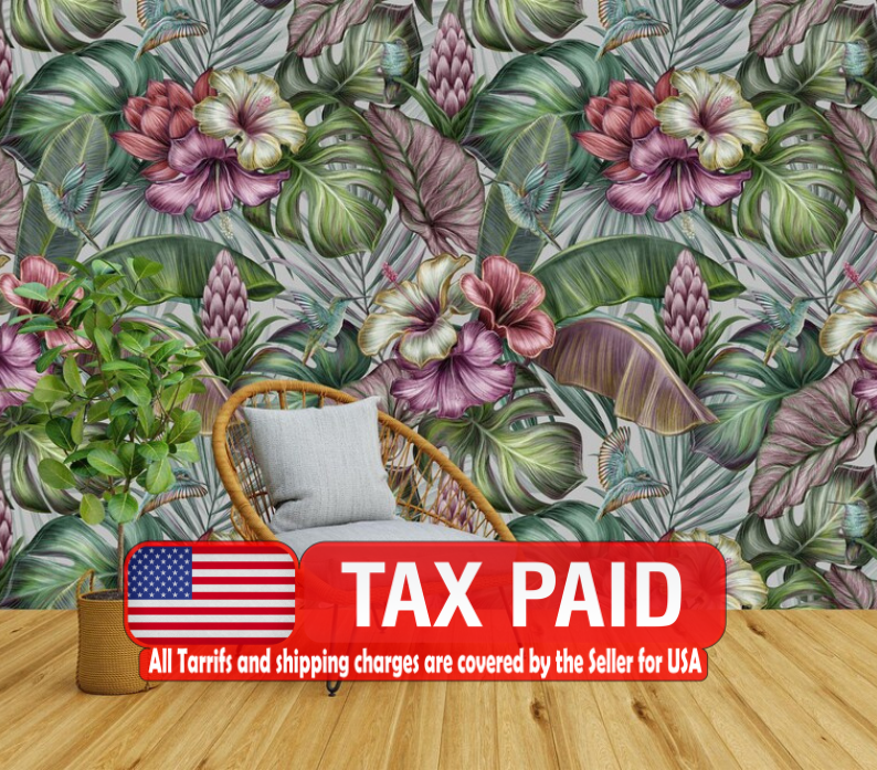 Vintage Tropical Hibiscus Floral Wallpaper Mural Art Print