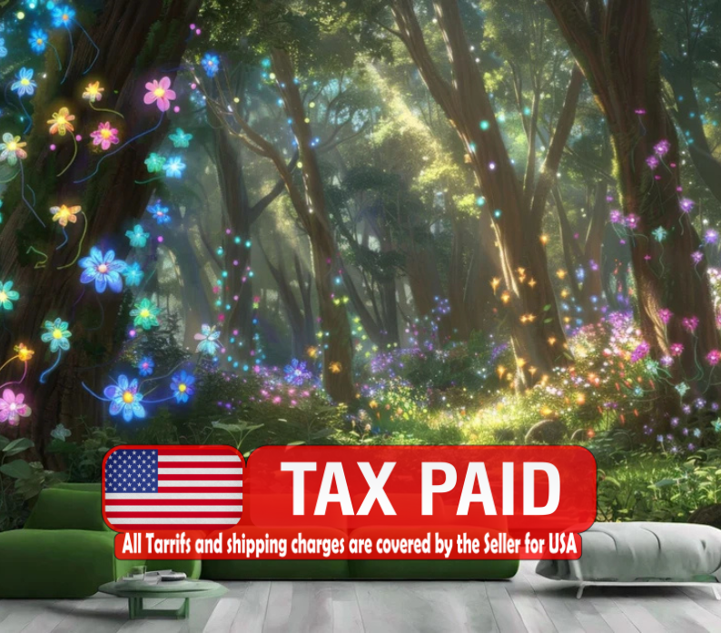 Enchanted Forest Wallpaper Mural, Glowing Flowers