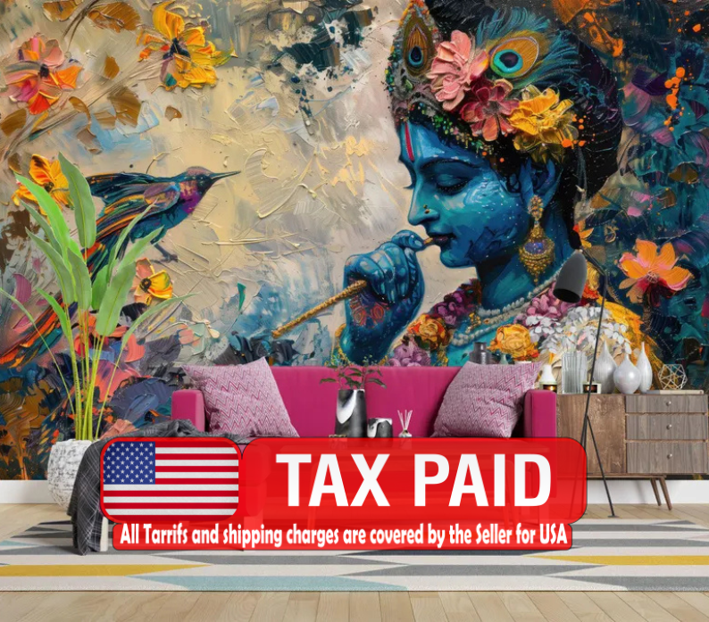 Krishna Painting Wallpaper Mural, Hindu Art Print
