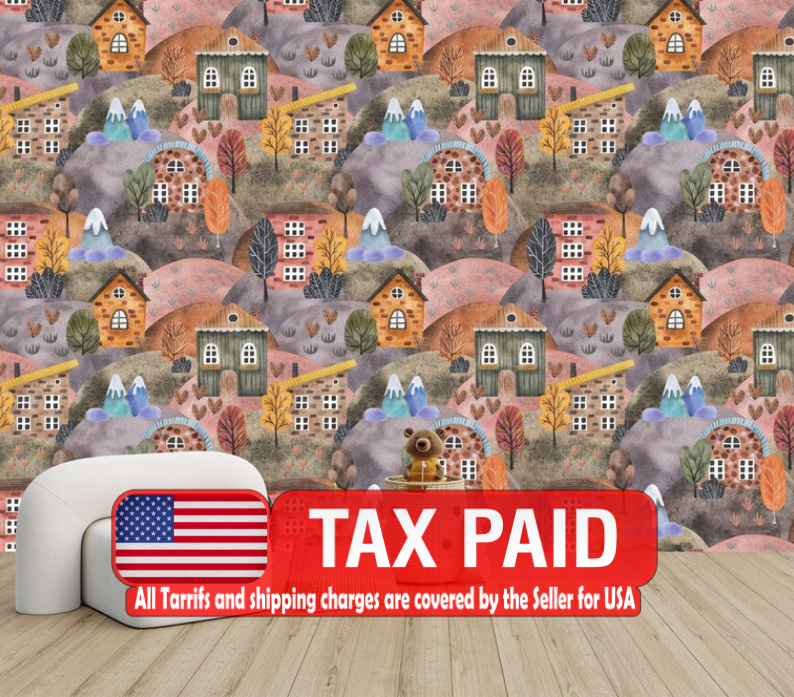 Watercolor Houses Wallpaper Mural, Nursery Kids Room Decor