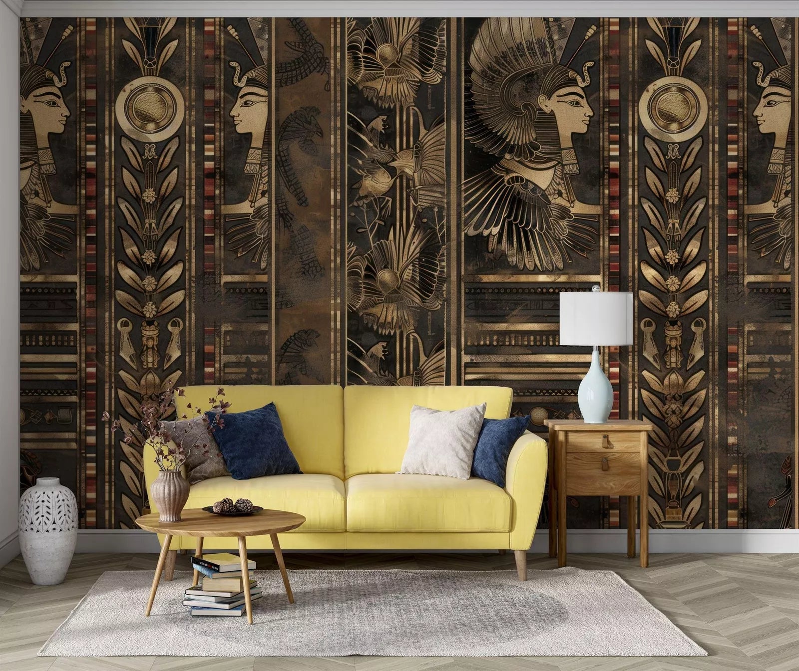 Pharaonic Egyptian wallpaper with ancient hieroglyphics and temple motifs