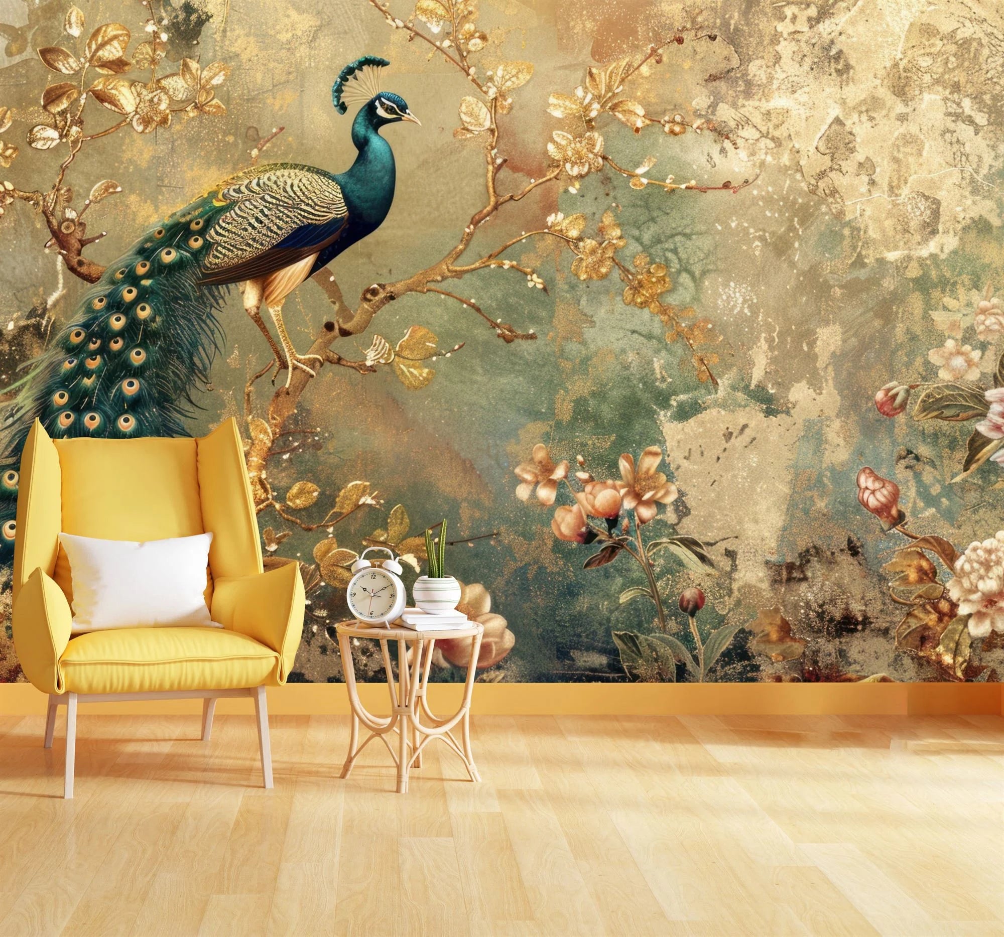 Colorful peacock wallpaper featuring busy floral garland with exotic birds