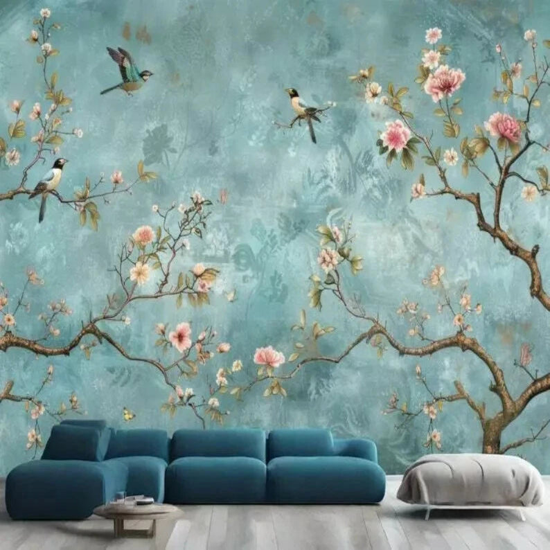 Chinoiserie wallpaper with elegant crane and gold sun in traditional Asian art style