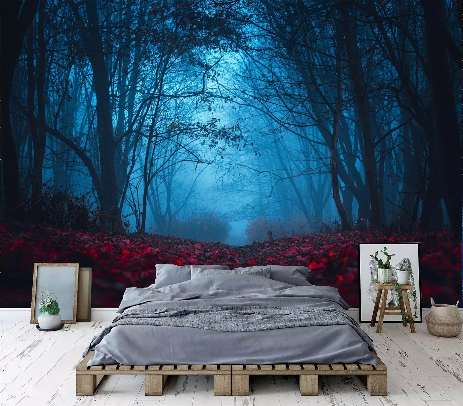 Mysterious forest nursery wallpaper featuring fairy tale trees and magical atmosphere