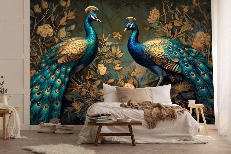 Luxurious peacock wall art with gold details and green botanical leaves
