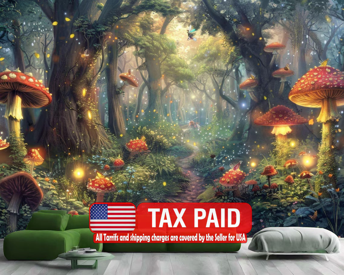 Enchanted forest wall mural featuring glowing luminous mushrooms
