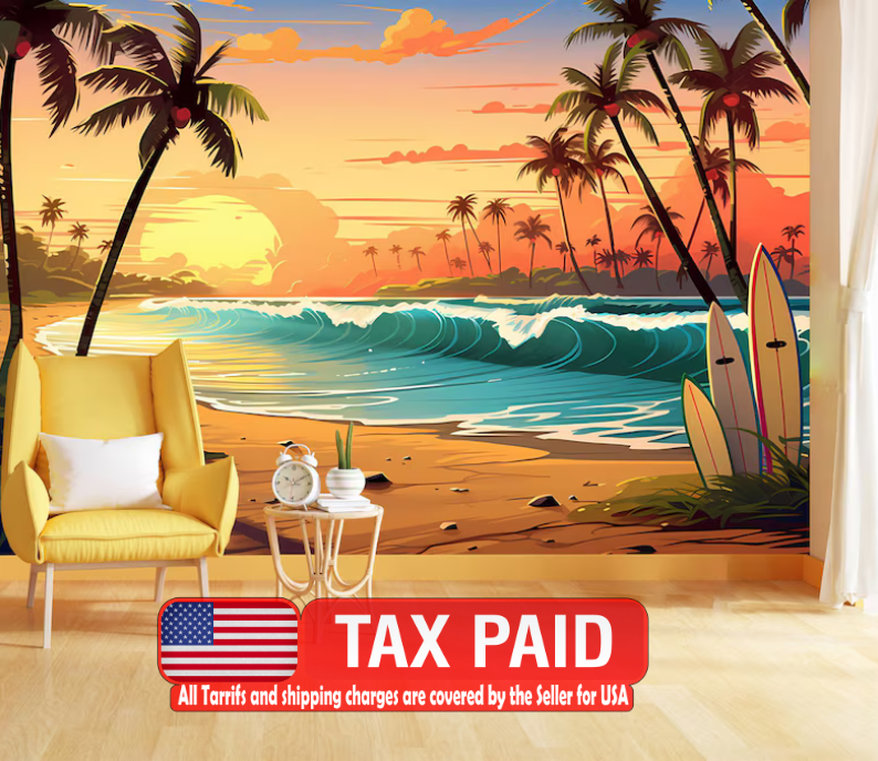 Cartoon Surfboard Beach Wallpaper Mural