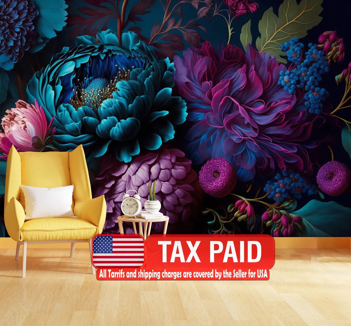Baroque style wall mural featuring rich deep colored peonies in luxurious floral arrangement