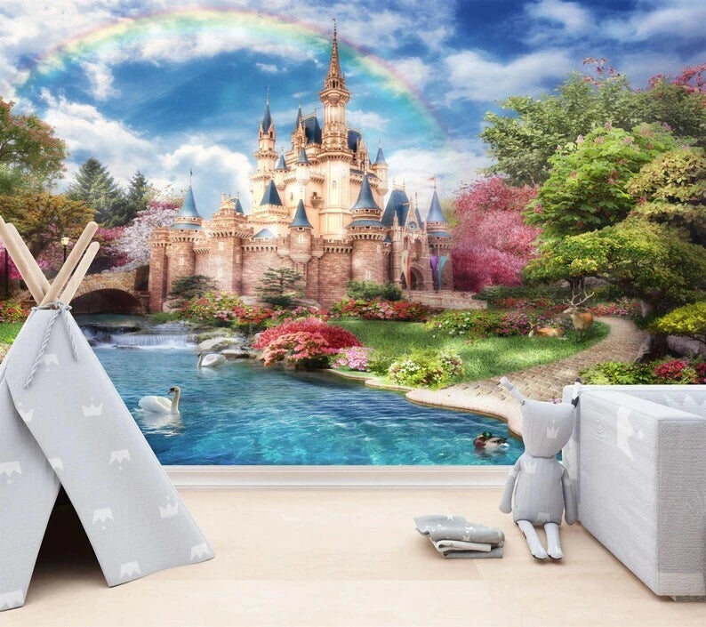 Vibrant princess castle wallpaper for girls bedroom with fantasy theme