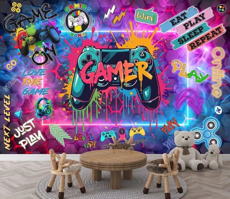 Game playing wallpaper for children's gaming room with vibrant design
