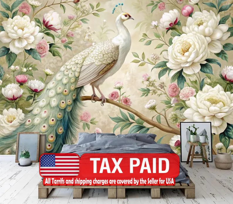 White peacock wallpaper mural with floral garland design for elegant home decor
