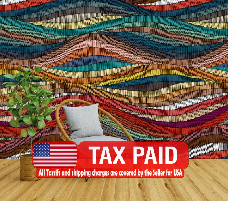Rainbow Waves Wallpaper Mural, Boho Ethnic Gift