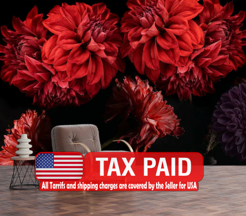 Red Dahlia Floral Peonies Wallpaper Mural Art Print