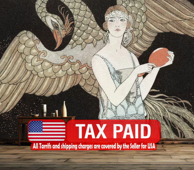 Art Deco Woman and Phoenix Wallpaper Mural Art Print