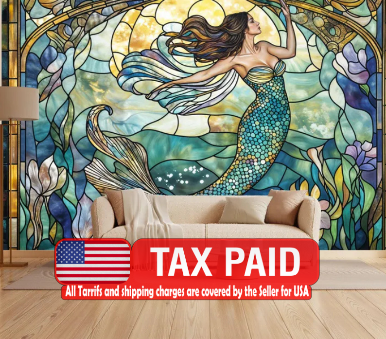 Mermaid Stained Glass Window Wallpaper Art Print