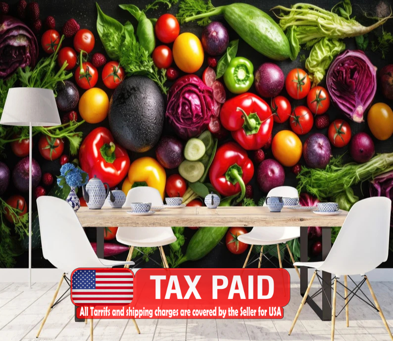 Vegetable Mural, Colorful Kitchen, Restaurant Wallpaper