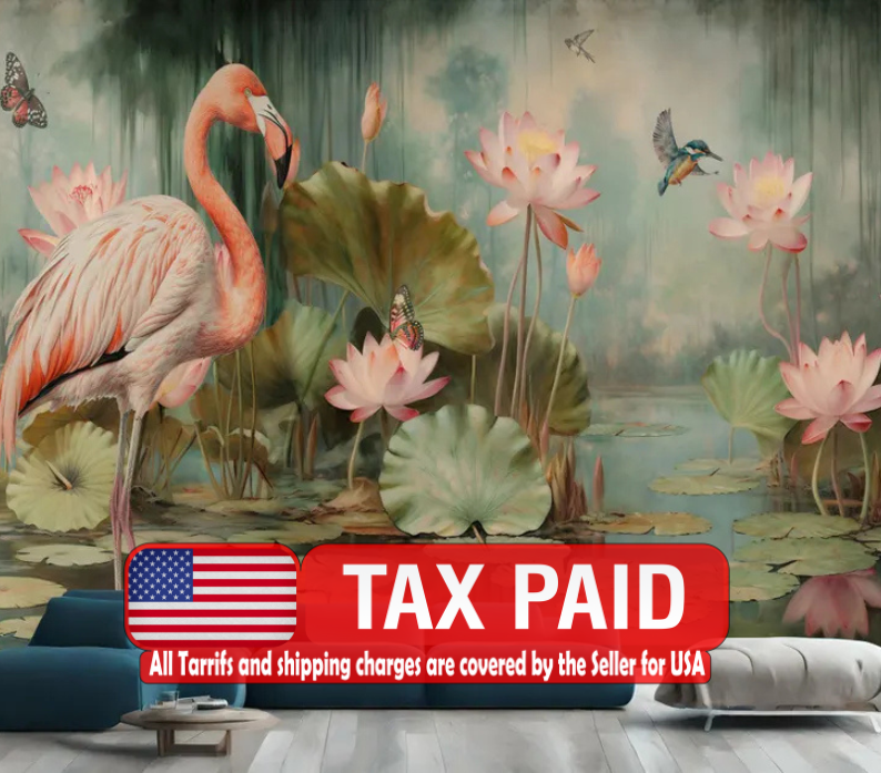 Vintage Watercolor Flamingo Wallpaper Mural, Oriental Cloud Art