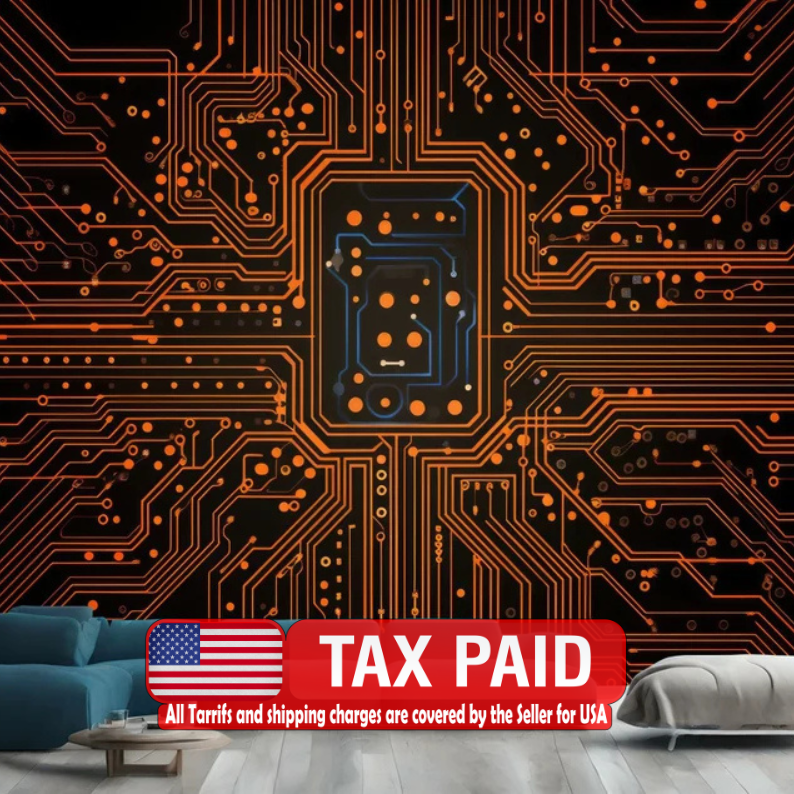Circuit Board Wallpaper Mural, Orange Accent Art Print