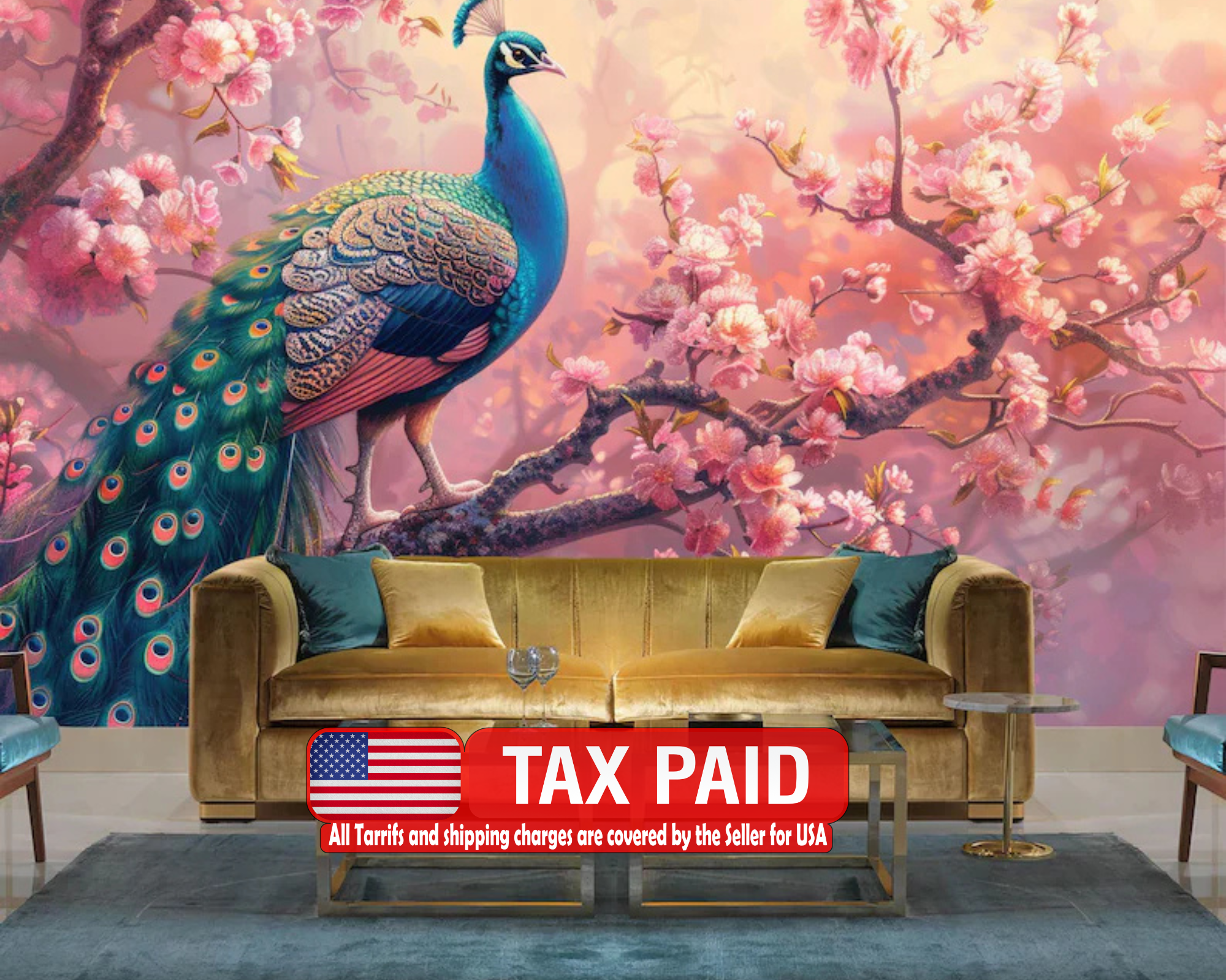 Peacock Wallpaper Mural, Vintage Flowers Branches Gift