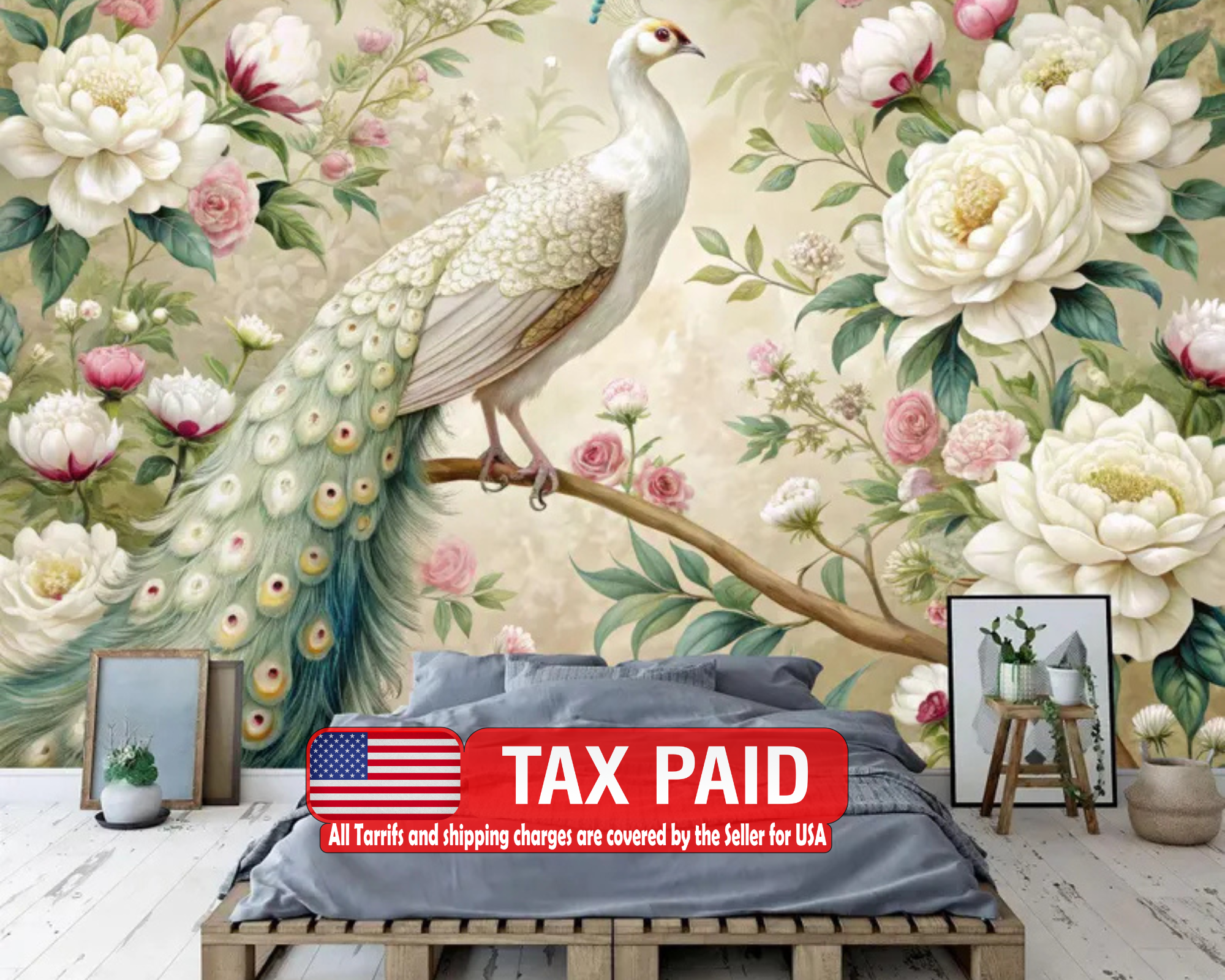 White Peacock Wallpaper Mural, Floral Garland Gift