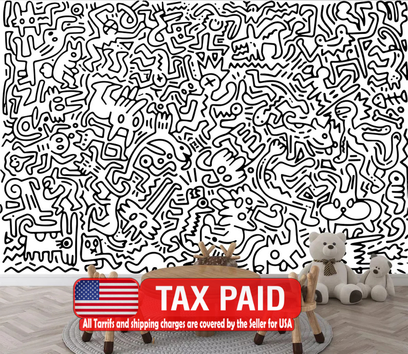 Black and White Doodle Mural Kids Room Wallpaper