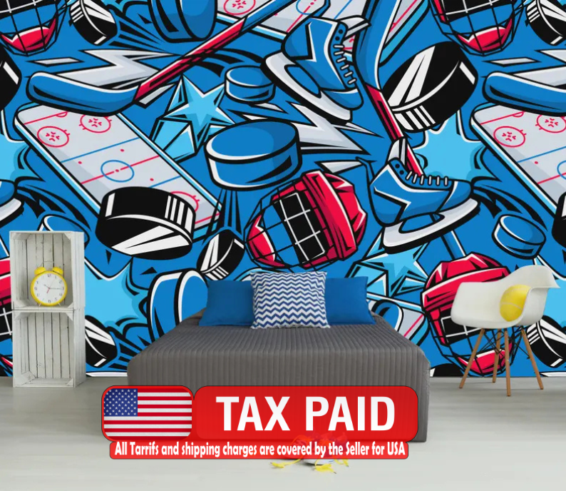 Hockey Graffiti Wall Mural, Boys Room