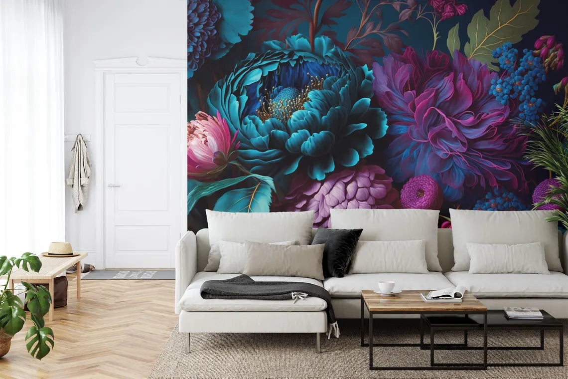 Deep colored peony wallpaper with baroque floral design for elegant interior