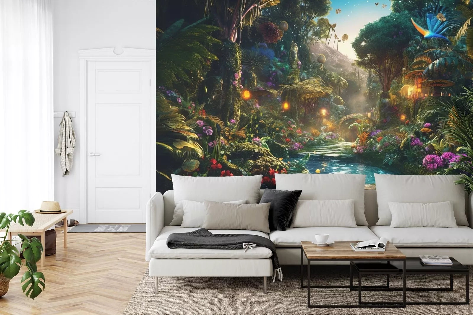Fantasy forest wall art featuring glowing trees and magical luminous flowers