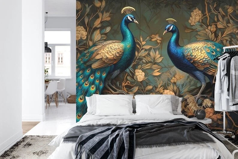 Abstract peacock mural with metallic gold and lush green foliage pattern