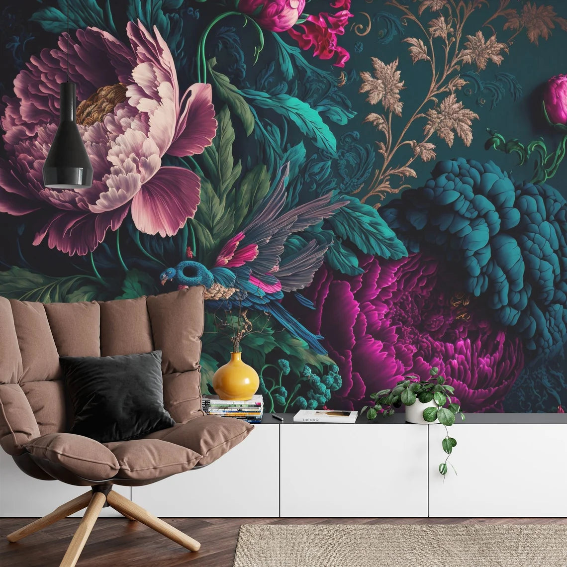 Rich burgundy and pink peonies wall decoration in classic baroque style
