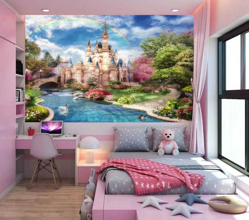 Colorful fairytale castle wall art for princess themed nursery or playroom