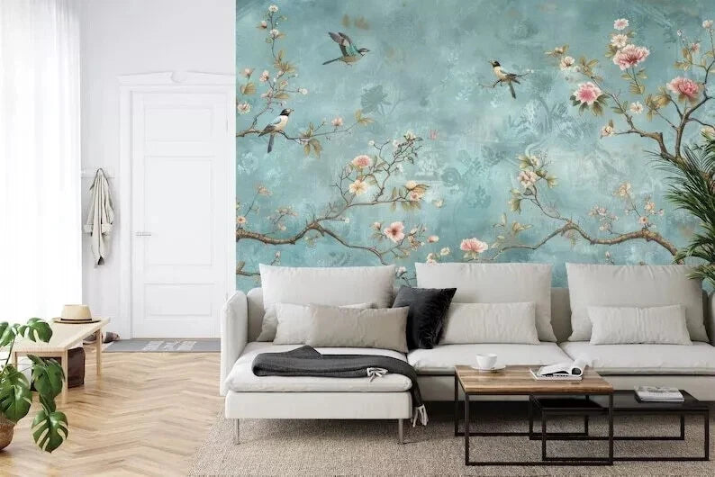Vintage chinoiserie wall decoration with crane and gold sun in traditional painting style