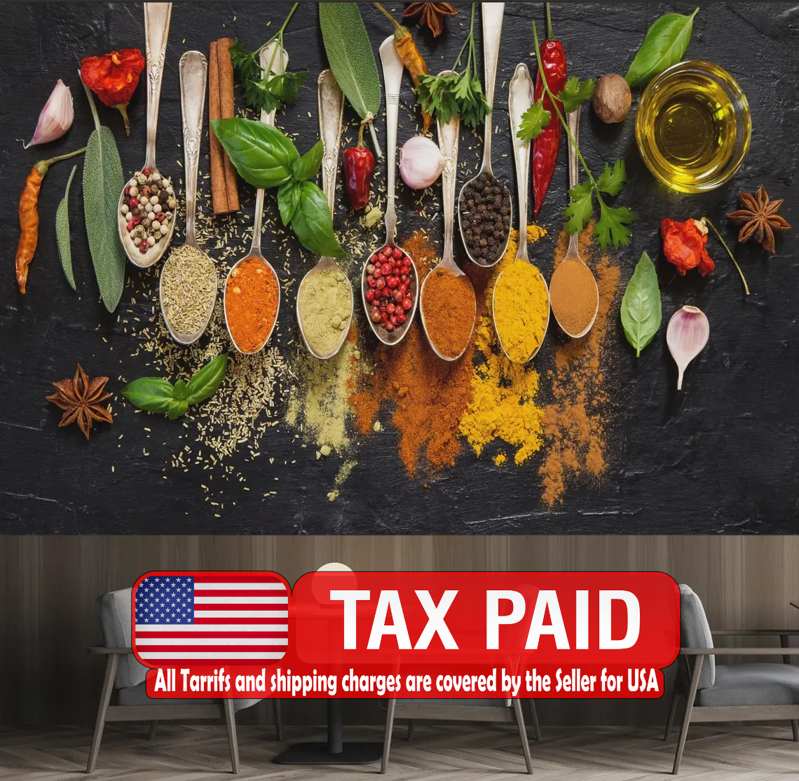 Raw cooking ingredients wallpaper with vegetables and spices on dark background

