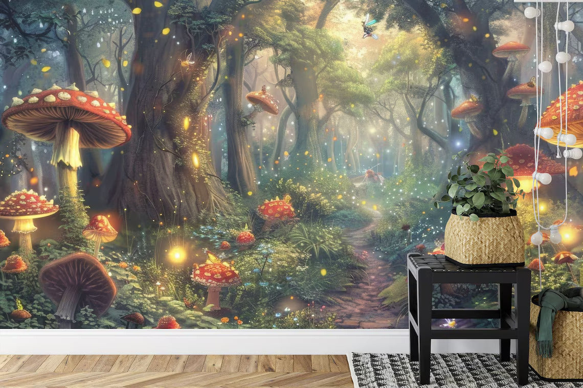 Luminous mushroom wallpaper creating enchanted woodland ambiance
