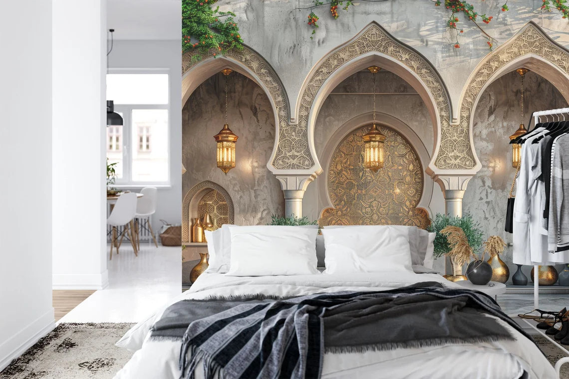 Decorative bedroom with ornate arches and lanterns