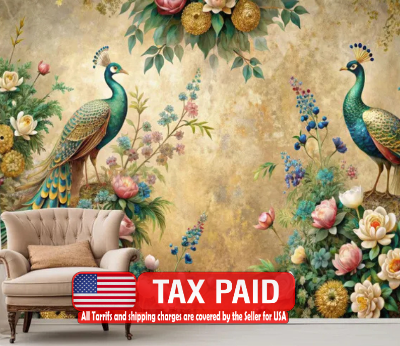 Peacock and Floral Garland Wall Mural